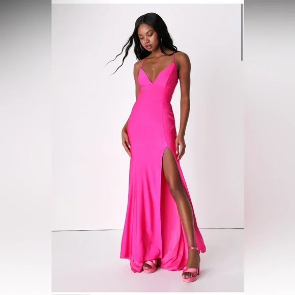 Lulus | Dresses | Divine Desires Hot Pink Satin Laceup Mermaid Maxi Dress |  Poshmark